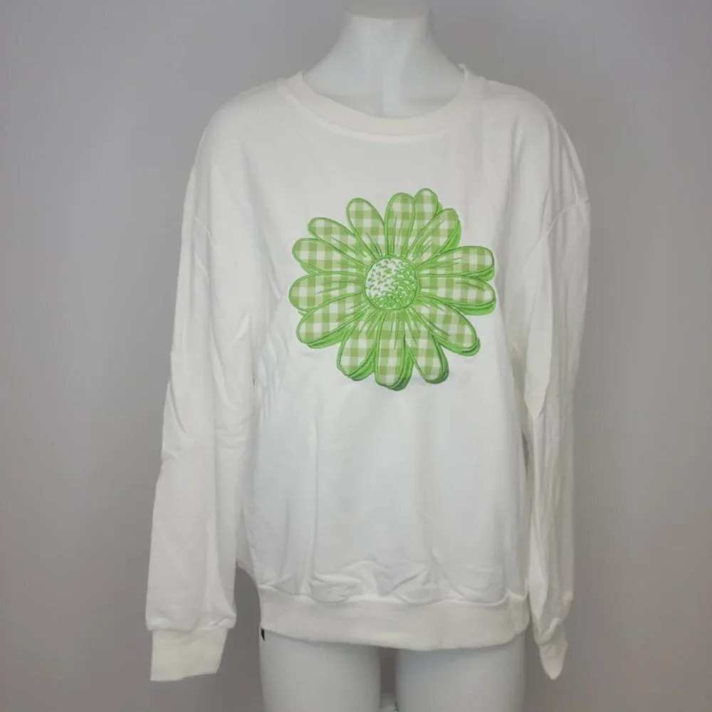 SHEIN Gingham Floral Embroidered Sweatshirt
